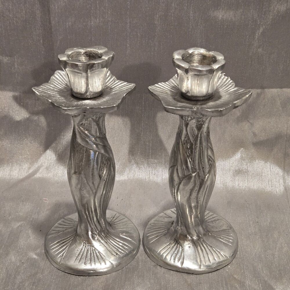 Vintage Pair Pewter Flower Pedal Candle Holder made In India 7” Tall
